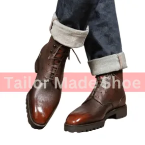 Bespoke Handcrafted Handmade Grain Brown Shaded Leather Ankle Derby Lace Up Dress Boots Men's Stylish Boots, Gentlemen Boots, Winter Boots