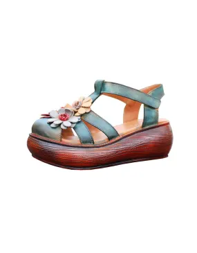 Close Toe Wedge Heel Flower Leather Summer Sandals