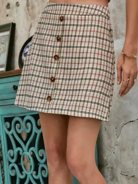 Plaid Button Front A-line Skirt